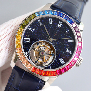 Montre mécanique vintage la plus vendue pour collectionneur, design classique noir avec incrustation de pierres précieuses colorées, véritable tourbillon lumineux - Product Image 2