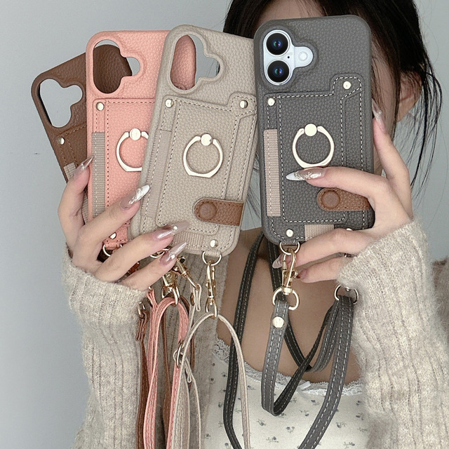 Luxury Leather Card Holder Stand Lanyard Mobile Phone Case for iphone 16 Plus 17 Air Pro Max Shell Shockproof Coque Back Cover