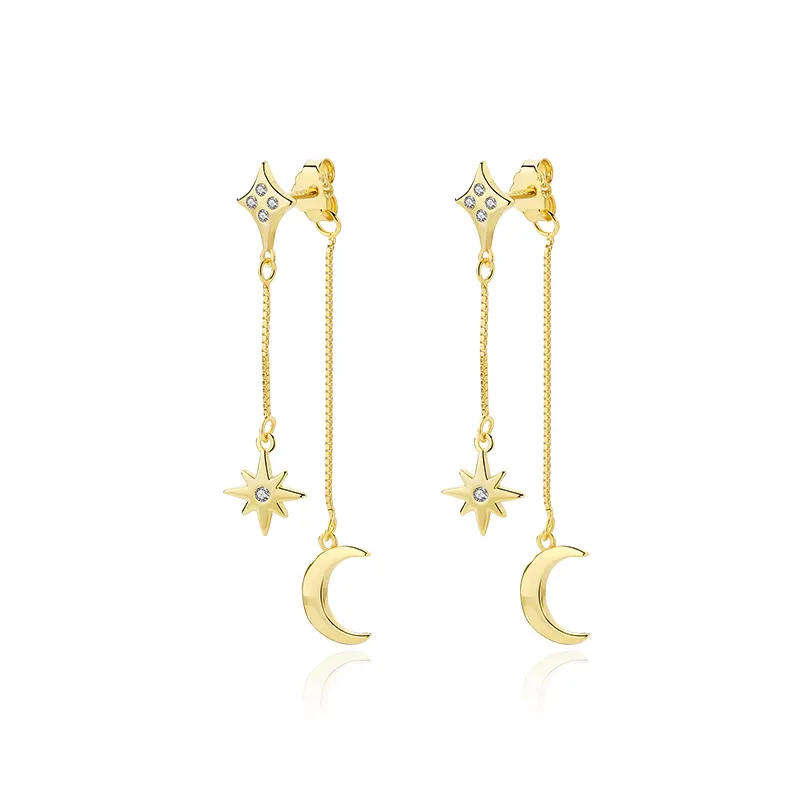 Elegant Wholesale 925 Sterling Silver 18K Gold Plated Long Tassel Moon Star Dangle Stud Earrings for Women