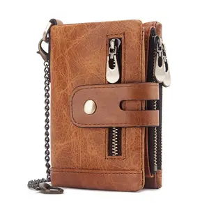 Vintage mens slim pu rfid card purse wallets grain men's horse genuine leather chain wallet for men