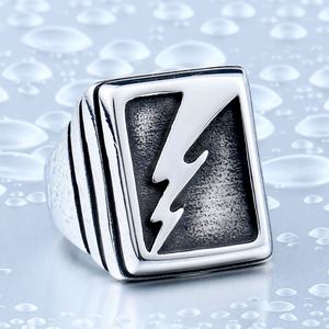 316L Stainless Steel Men's Fashion <b>Ring</b> Lightning Bolt Ancient Style <b>Skull</b> Punk Circle <b>Ring</b> for Engagement Party Biker Jewelry - Product Image 4
