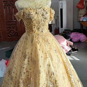 Gold Ball Gown Wedding Dress Sweetheart Neckline Floral Print Natural Waistline For Women Spring Banquet Evening Wear - Product Image 2