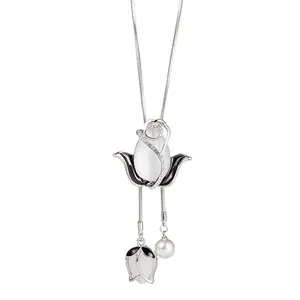 wholesale charm pretty long fashion handmade white blue women jewelry rose flower pendant necklace
