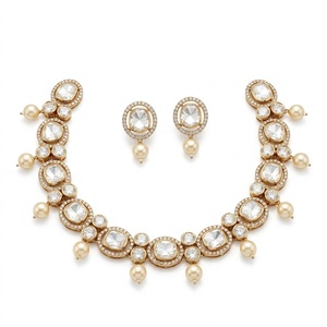 925 <b>Silver</b> Necklace and Earrings Set for Women White Pearls Kundan Work Traditional Indian Bridal Jewelry Set - Product Image 1