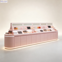 Vitrine murale rose personnalisée pour cosmétiques, avec 3 étagères inclinées combinées, présentoir de maquillage et éclairage LED