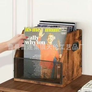 Cesta de almacenamiento de discos de vinilo con combinación de hierro y madera, organizador de discos de vinilo, CD y álbumes para escritorio - Product Image 1