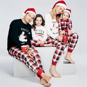 小熊格子圣诞棉质女童婴儿上衣裤子睡衣家居套装妈妈和我的服装家庭搭配套装