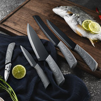 Ensemble de 6 couteaux de cuisine, couteaux de cuisine en acier inoxydable avec manche en PP à texture bois, revêtement antiadhésif, ensemble de couteaux de chef avec boîte