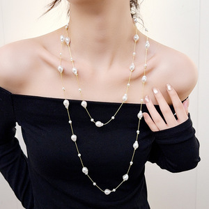 Irregular Pearl Necklace Double Layered Long Pendant Imitation Pearl Women's Fashion Sweater Chain Party Accessory - Product Image 2