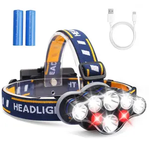 13000ルーメン8 LED 18650 USB充電式防水ヘッドライト懐中電灯、キャンプハンティングハイキング用赤色光ヘッドランプ付き