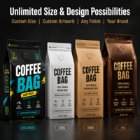 Sachet de café imprimé sur mesure, pochette verticale avec valve de dégazage unidirectionnelle, fermeture éclair, emballage noir mat, languette de tirage