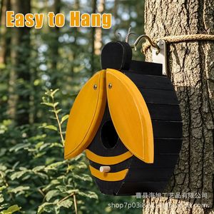Wooden Bee Shaped Birdhouse <b>Hanging</b> Outdoor <b>Garden</b> Ornament For Pet Birds Painted Tree Material - Product Image 2