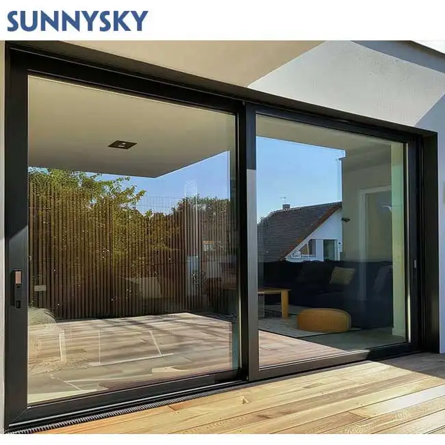 Sunnysky harga pabrik kustom rumah hotel vila rumah eksterior ukuran besar bingkai aluminium hitam pintu kaca geser untuk Teras