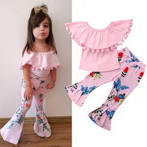 童装新款碎花喇叭裤粉红色全棉球顶两件套童装宝宝衣服的女孩