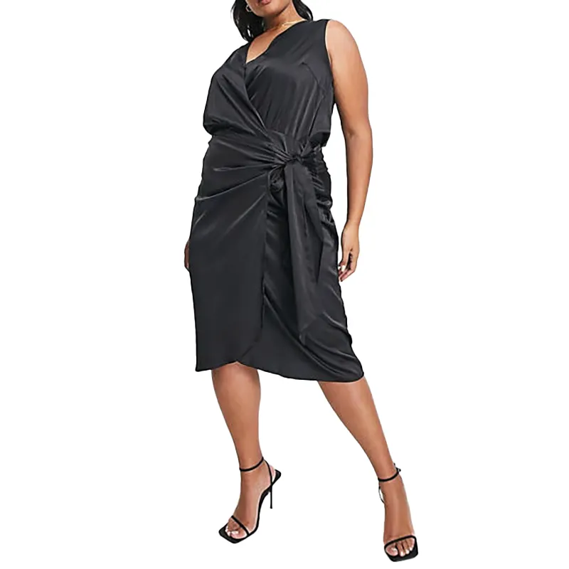 Custom Trendy Womens Clothing Black Satin Wrap Elegant Plus Size Ladies Casual Midi Evening Cocktail Party Dresses