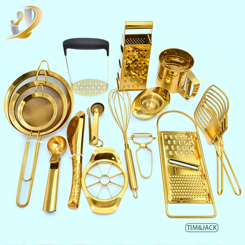 Set Peralatan Dapur Stainless Steel, 13PCS, Peralatan Dapur Stainless Steel Emas, Alat Ukur, Pengayak, Penjepit Panggang, Pemotong Apel, Sendok Es Krim, Dll