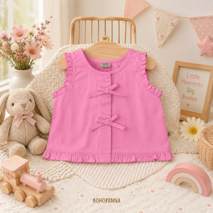 เสื้อเชิ้ตเด็กผู้หญิงแบบไม่มีแขน ตกแต่งด้วยริบบิ้น ผลิตจากผ้าฝ้ายเนื้อนุ่มเพื่อความสบาย ใส่ได้ในลุคสนุกสนานและจัดแต่งทรงง่ายในชีวิตประจำวัน - Product Image 4