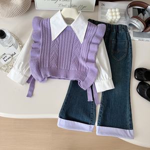 2024 autunno nuovi vestiti coreani camicia a maglia da ragazza Jeans Set di tre pezzi vestito elegante per bambini Set di abbigliamento per <span class=keywords><strong>bambina</strong></span> in cotone - Product Image 2