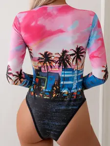 2024 European Style Swimsuit One-Piece Long-Sleeved Mesh Splicing Floral Printed Surf Swimwear Beachwear