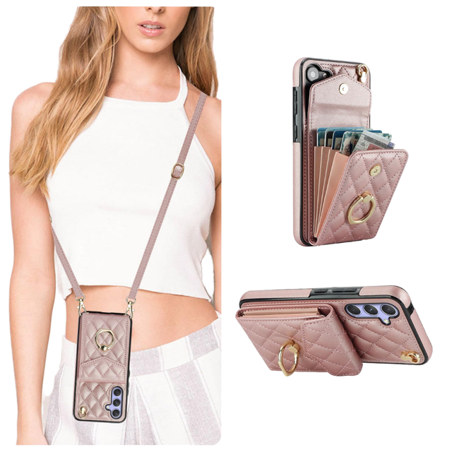 Lady Crossbody Case With Card Slots Adjustable Strap Ring Holder PU Leather Wallet Phone Case for Samsung S26 Ultra S25 S24 S23