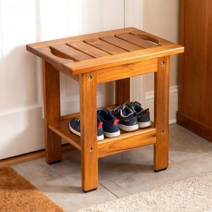 Tabouret de salle de bain en teck Le Rong 35x25.5x37.5cm avec porte-chaussures pour usage intérieur et extérieur - Product Image 1