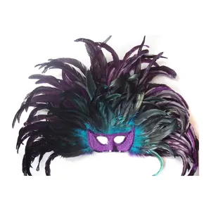 Trading Wholesale Promotional Celebrity Party Luxury Rooster Feather Mask Venetian Masquerade Mask With Purple Feather