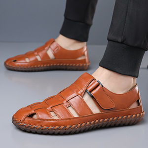 Sandales en cuir véritable à brides croisées pour hommes, bout ouvert, bride à boucle, semelle en caoutchouc antidérapante, chaussures décontractées d'été - Product Image 2