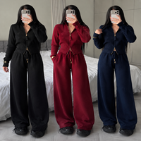 Ensemble de survêtement deux pièces en tricot pour femme, veste courte zippée côtelée et pantalon large à cordon de serrage, anti-boulochage, tenue décontractée