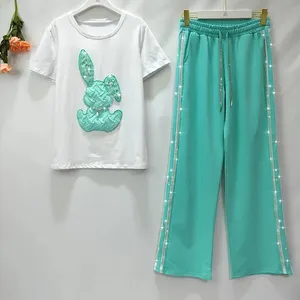 Custom Crystal Summer 2 Piece Short Sleeve Women Tracksuit Jogger Pant Suits Rhinestone Women's Set