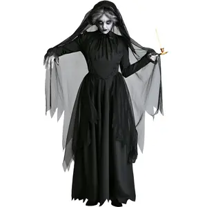 Cadılar bayramı kadınlar siyah uzun hayalet elbise gelin victoria kostümleri