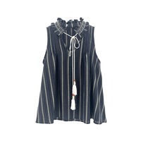 Débardeur long tricoté sur mesure pour femme, style bohème, ample, élégant, rayé, à volants, col en V, avec cordon de serrage et pompons, sans manches, pour l'été et la plage