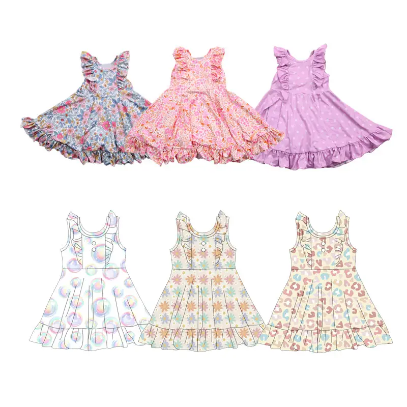 2024 été nouvelles filles à volants robe mode princesse robe filles robe d'été confortable tissu impression personnalisée enfants vêtements