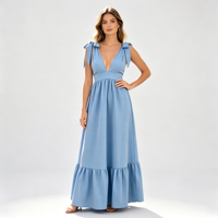 Robe longue sexy dos nu à col en V avec nœud, sans manches, taille haute, ourlet à volants, coupe ajustée, pour les vacances à la plage, pour femme