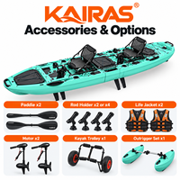 Kayak de pêche modulaire tandem personnalisé de 4,5 m en HDPE pour 2 personnes, avec propulsion à double aileron et bacs à poissons vivants de 60 L