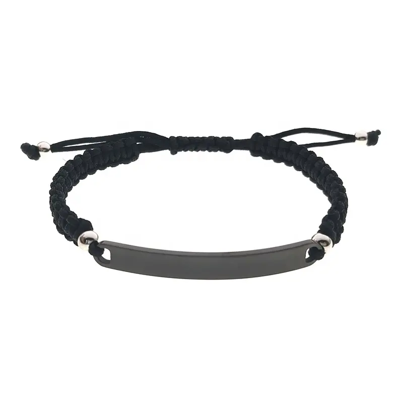 Bracciale in corda fatto a mano regolabile con incisione intrecciata intrecciata in acciaio inossidabile personalizzato personalizzato nero argento Bar nero