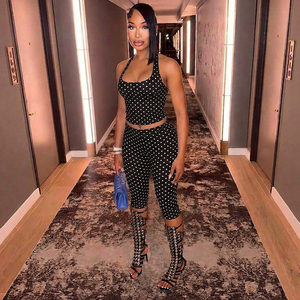 Sommer Mode Damen Zweiteiler <span class=keywords><strong>Set</strong></span> Gepunktetes Bedrucktes Neckholder-Top mit Schnürung Skinny Hosen 2-Teiliges <span class=keywords><strong>Set</strong></span> für Frauen - Product Image 2