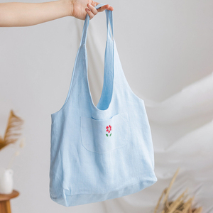 Bolso de compras de lino con asa de hombro de tela natural reutilizable con logotipo bordado al por mayor de proveedor con bolsillo - Product Image 4