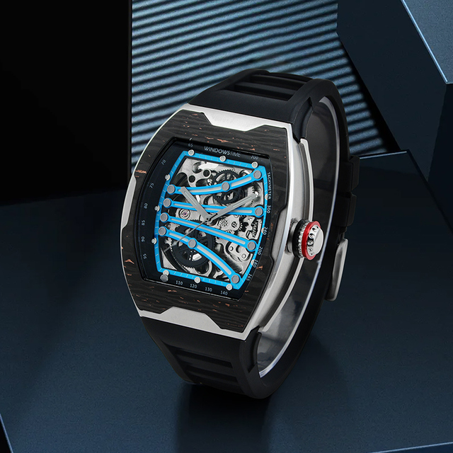OEM New Carbon Fiber Style Custom Multi-function Uhr Waterproof High Quality Automatic Men's Luxury Skeleton Watch Silicone Band