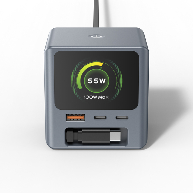 New Arrival 100w GaN PD Multi-Port Wall Charger with Built-in Retractable Cable for Portable Office Travel