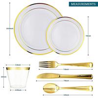 Ensemble d'assiettes à dîner jetables en plastique doré de 600 pièces Assiettes et tasses de fête PS de qualité alimentaire avec couverts de style occidental