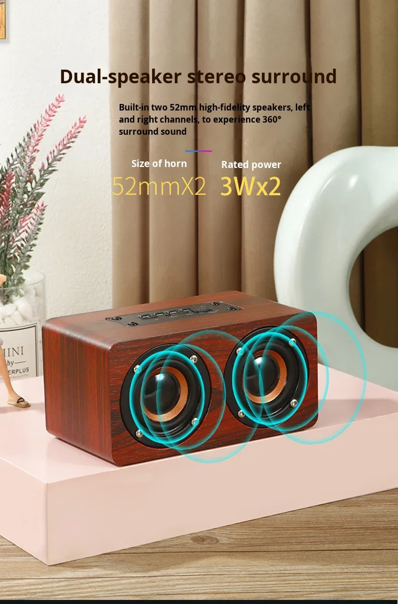 Home Wooden Dual 3W Stereo Bass TF Memory Card Slot Portable Bluetooths Wireless Speaker · image 3