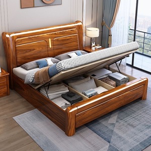 Lit en bois de noyer massif de style chinois minimaliste moderne, 1,8 m, avec rangement, lit double pour chambre principale, lit de mariage - Product Image 3