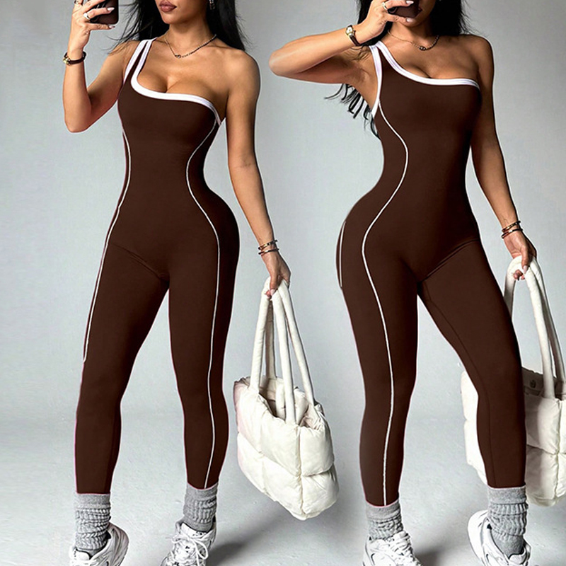 Bulk High Stretch Slimming One Piece Sports Bodysuit for Women One Shoulder Contrast-Color High Waist Yoga Sports Gym Jumpsuit