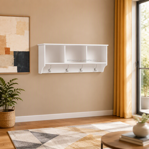 Appendiabiti <span class=keywords><strong>da</strong></span> <span class=keywords><strong>Parete</strong></span> Moderno in Legno con Mensola, Unità a Muro 3 Componenti 4 Ganci Bianco - Product Image 4