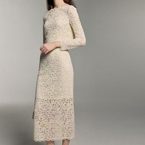 Nouveau col rond manches longues dentelle costume deux pièces chemisier tricoté taille haute jupe longue tenues pour femmes - Product Image 3