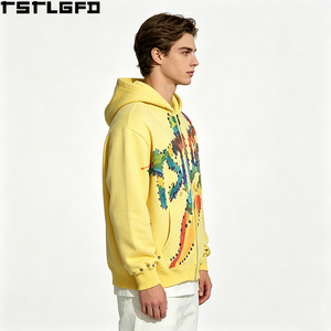 Sweat à capuche zippé personnalisé à imprimé abstrait pour homme, jaune, avec strass colorés, style graffiti streetwear, vente en gros - Product Image 2