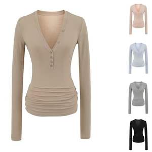 Blusa Casual Elástica de Franela para Mujer, Corte Entallado, Cuello Camisero, Estampado a Cuadros, Manga Larga, Cintura Fruncida, Botones al Frente, 100% Algodón - Product Image 1