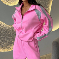 Ensemble de survêtement personnalisé pour femme, coupe oversize, en molleton de coton, avec blocs de couleur et patchwork, comprenant une veste zippée à col montant et un pantalon de survêtement ample