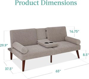 Sofá Cama Convertible Moderno Tapizado, Sofá Pequeño Plegable con Reposabrazos Redondeados y 2 Portavasos, Gris - Product Image 3