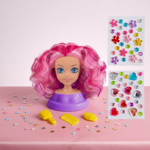 Tête de poupée rose pour coiffer les cheveux avec peignes et autocollants, jouet DIY pour filles de 5 à 7 ans - Product Image 1